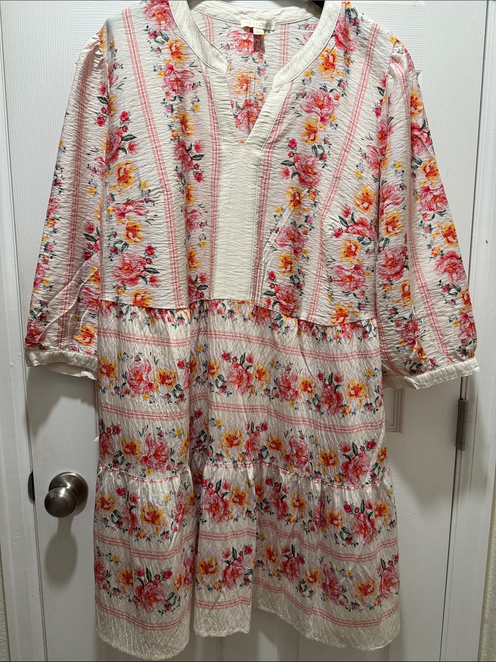 fig and flower Cream Floral Stripe Tiered Tunic Dress with Pink & Yellow Roses